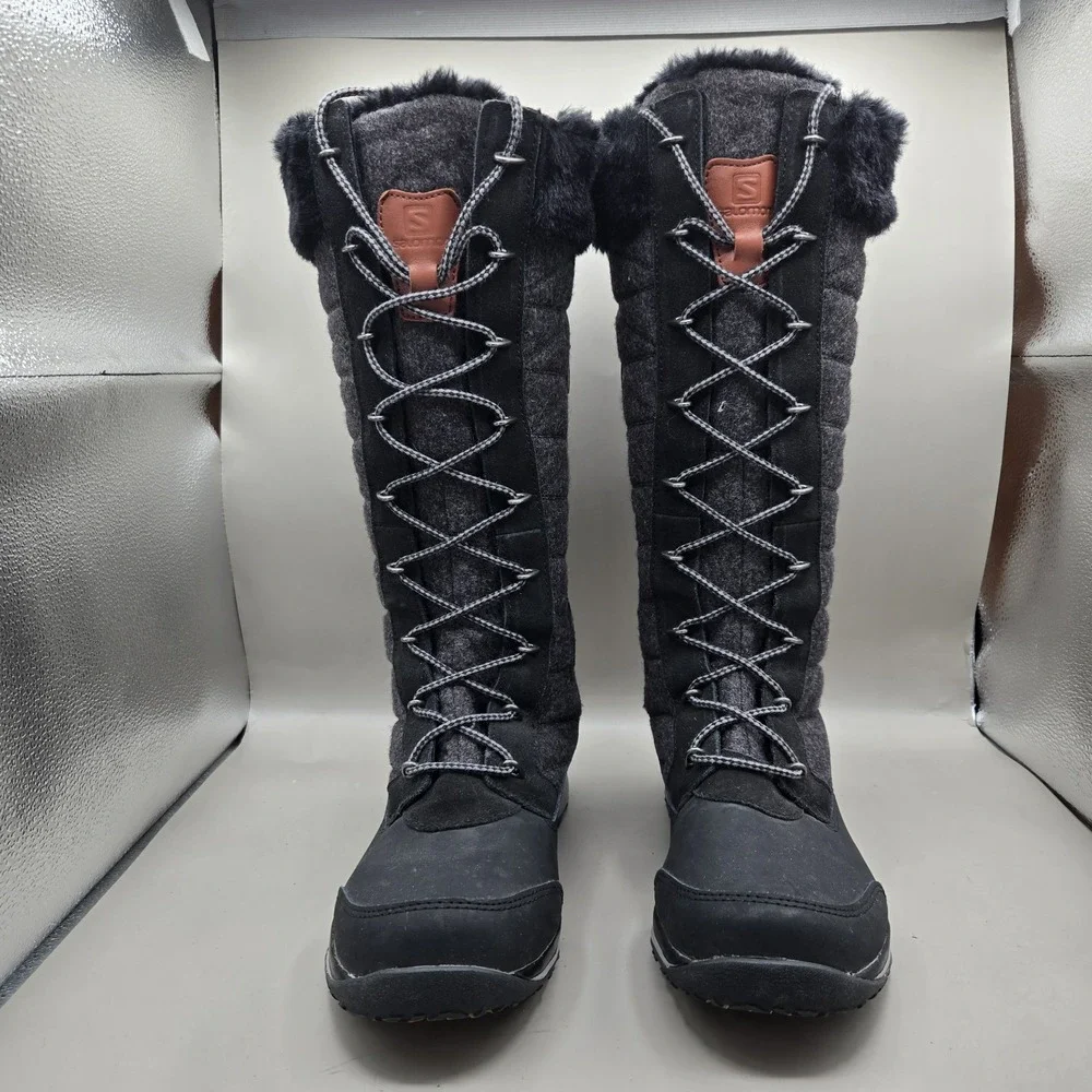 Salomon Women's Hime High Winter Boots Quilted Black Charcoal Clima Dry Size 7.5